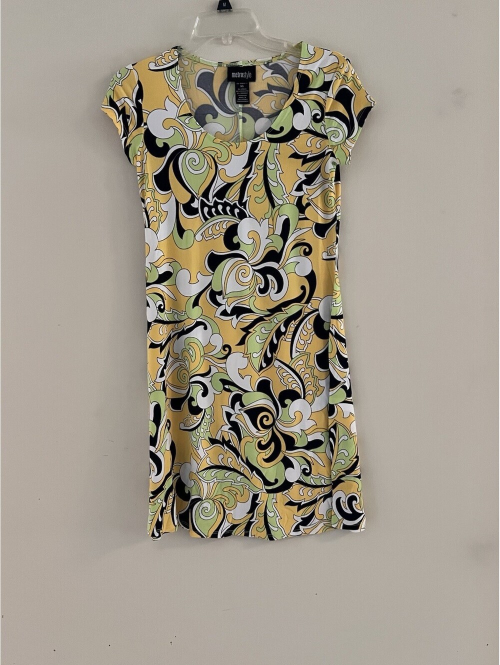 Metrostyle Women's XS Yellow black  Abstract A-Line Stretch Dress Cap Sleeve